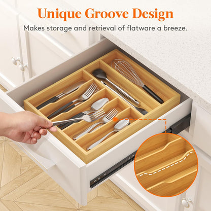 Silverware Drawer Organizer, Utensil Tray for Kitchen, Flatware and Cutlery Holder, Storage for Spoons Forks Knives, 6.7 x 12", Natural
