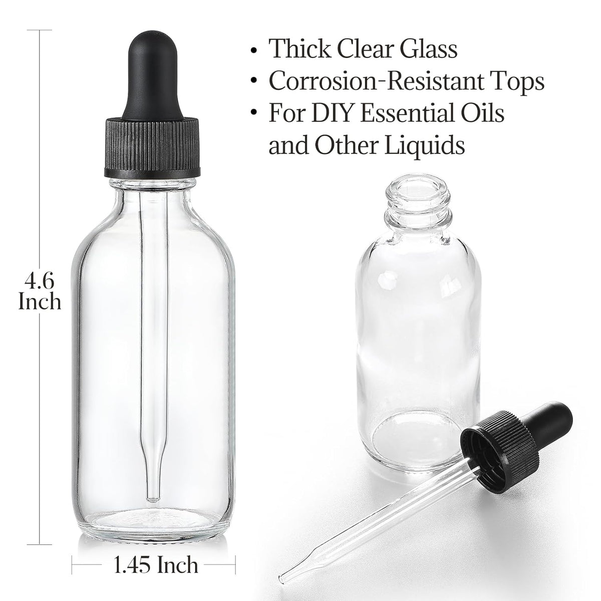 4 Pcs, 2 oz Clear Eye Dropper Bottles with 1 Stainless Steel Funnels & 4 Labels - Black Caps 60ml Thick Glass Tincture Bottles - Leakproof Essential Oils Bottles for Health, Personal Care & Beauty
