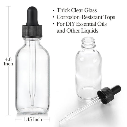 4 Pcs, 2 oz Clear Eye Dropper Bottles with 1 Stainless Steel Funnels & 4 Labels - Black Caps 60ml Thick Glass Tincture Bottles - Leakproof Essential Oils Bottles for Health, Personal Care & Beauty