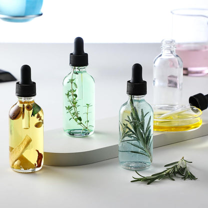 4 Pcs, 2 oz Clear Eye Dropper Bottles with 1 Stainless Steel Funnels & 4 Labels - Black Caps 60ml Thick Glass Tincture Bottles - Leakproof Essential Oils Bottles for Health, Personal Care & Beauty