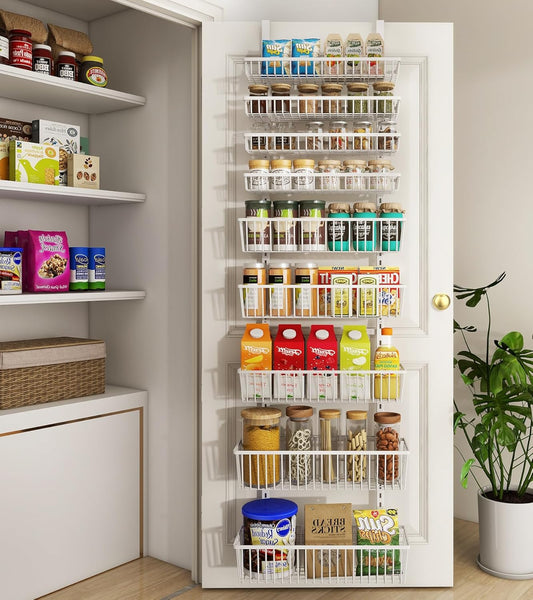 White 9-Tier Over The Door Pantry Organizer, Pantry Organization | Pantry Hanging Organizers and Storage, Adjustable Heavy-Duty Metal for Home & Kitchen, Back of Door Seasoning Rack