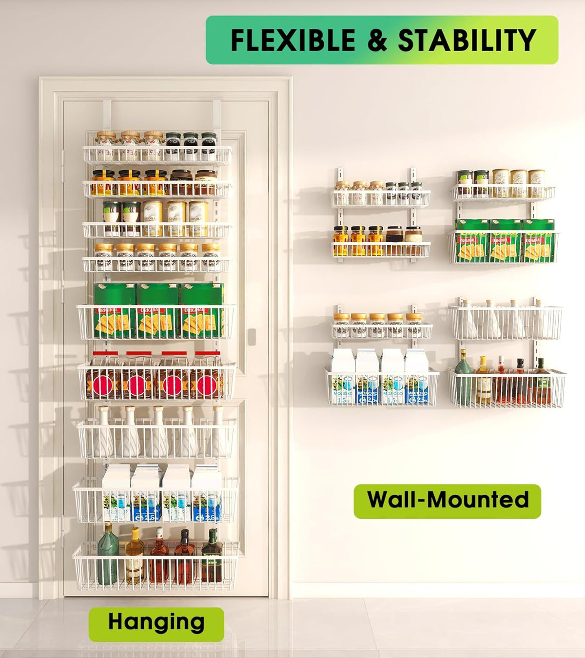 White 9-Tier Over The Door Pantry Organizer, Pantry Organization | Pantry Hanging Organizers and Storage, Adjustable Heavy-Duty Metal for Home & Kitchen, Back of Door Seasoning Rack