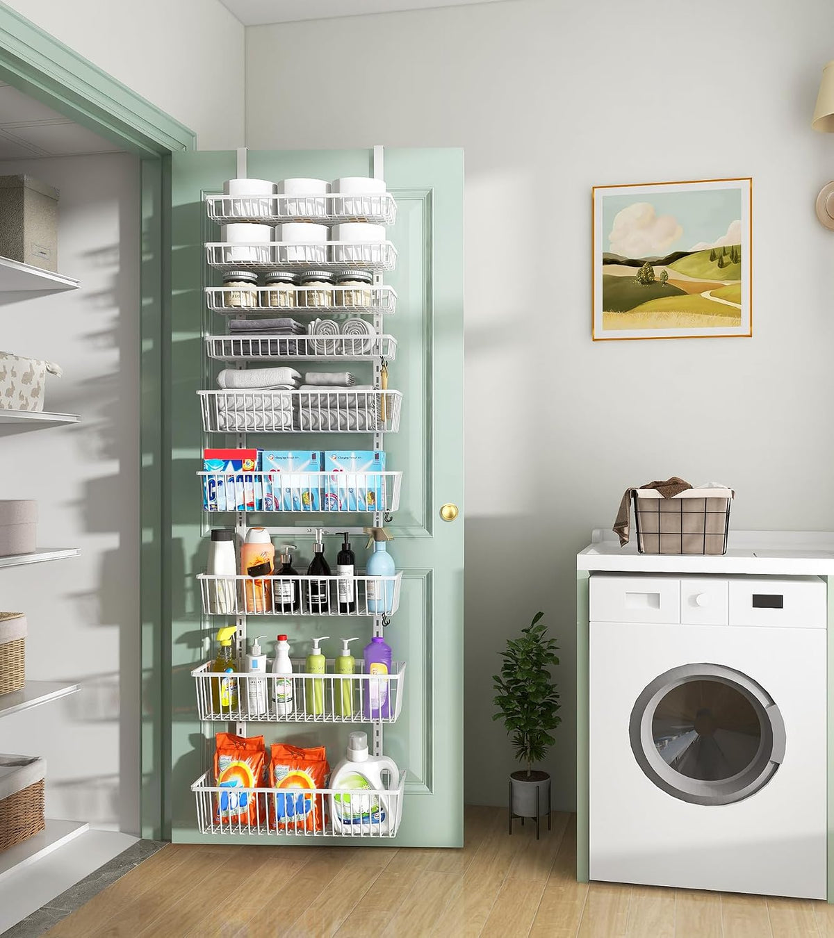 White 9-Tier Over The Door Pantry Organizer, Pantry Organization | Pantry Hanging Organizers and Storage, Adjustable Heavy-Duty Metal for Home & Kitchen, Back of Door Seasoning Rack