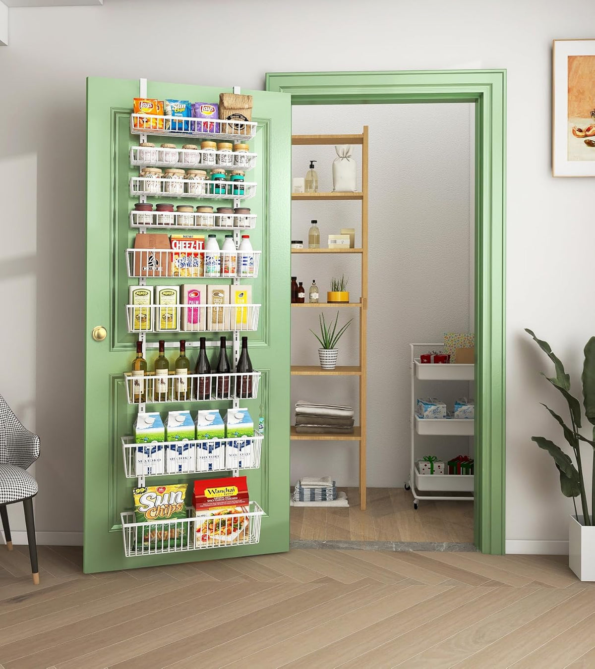 White 9-Tier Over The Door Pantry Organizer, Pantry Organization | Pantry Hanging Organizers and Storage, Adjustable Heavy-Duty Metal for Home & Kitchen, Back of Door Seasoning Rack