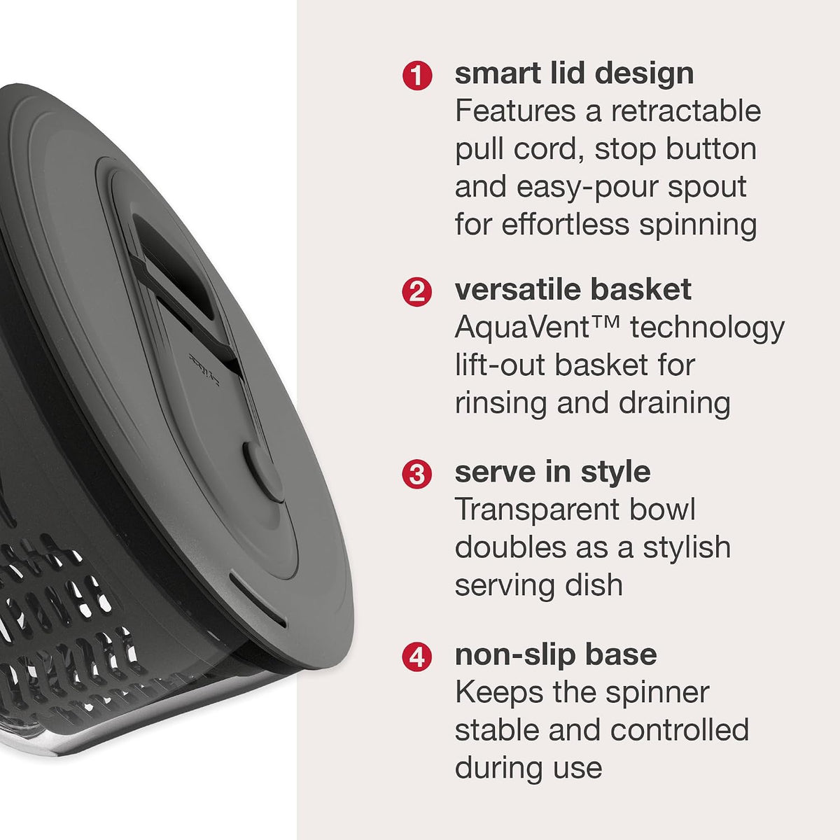 Easy Spin 2 AquaVent Large Salad Spinner - Salad Spinner with Pull Cord - Salad Bowl for 4 to 6 Servings - Manual Vegetable and Fruit Dryer - Vegetable Spinner with Brake - Green, Large