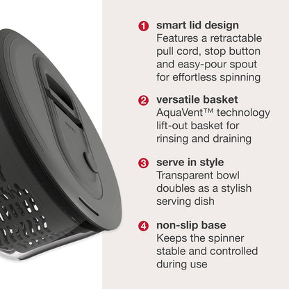 Easy Spin 2 AquaVent Large Salad Spinner - Salad Spinner with Pull Cord - Salad Bowl for 4 to 6 Servings - Manual Vegetable and Fruit Dryer - Vegetable Spinner with Brake - Green, Large