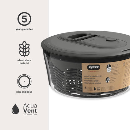 Easy Spin 2 AquaVent Large Salad Spinner - Salad Spinner with Pull Cord - Salad Bowl for 4 to 6 Servings - Manual Vegetable and Fruit Dryer - Vegetable Spinner with Brake - Green, Large