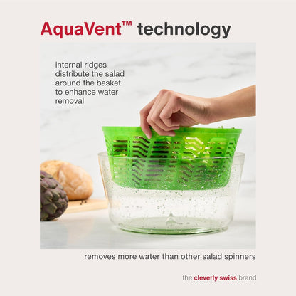 Easy Spin 2 AquaVent Large Salad Spinner - Salad Spinner with Pull Cord - Salad Bowl for 4 to 6 Servings - Manual Vegetable and Fruit Dryer - Vegetable Spinner with Brake - Green, Large