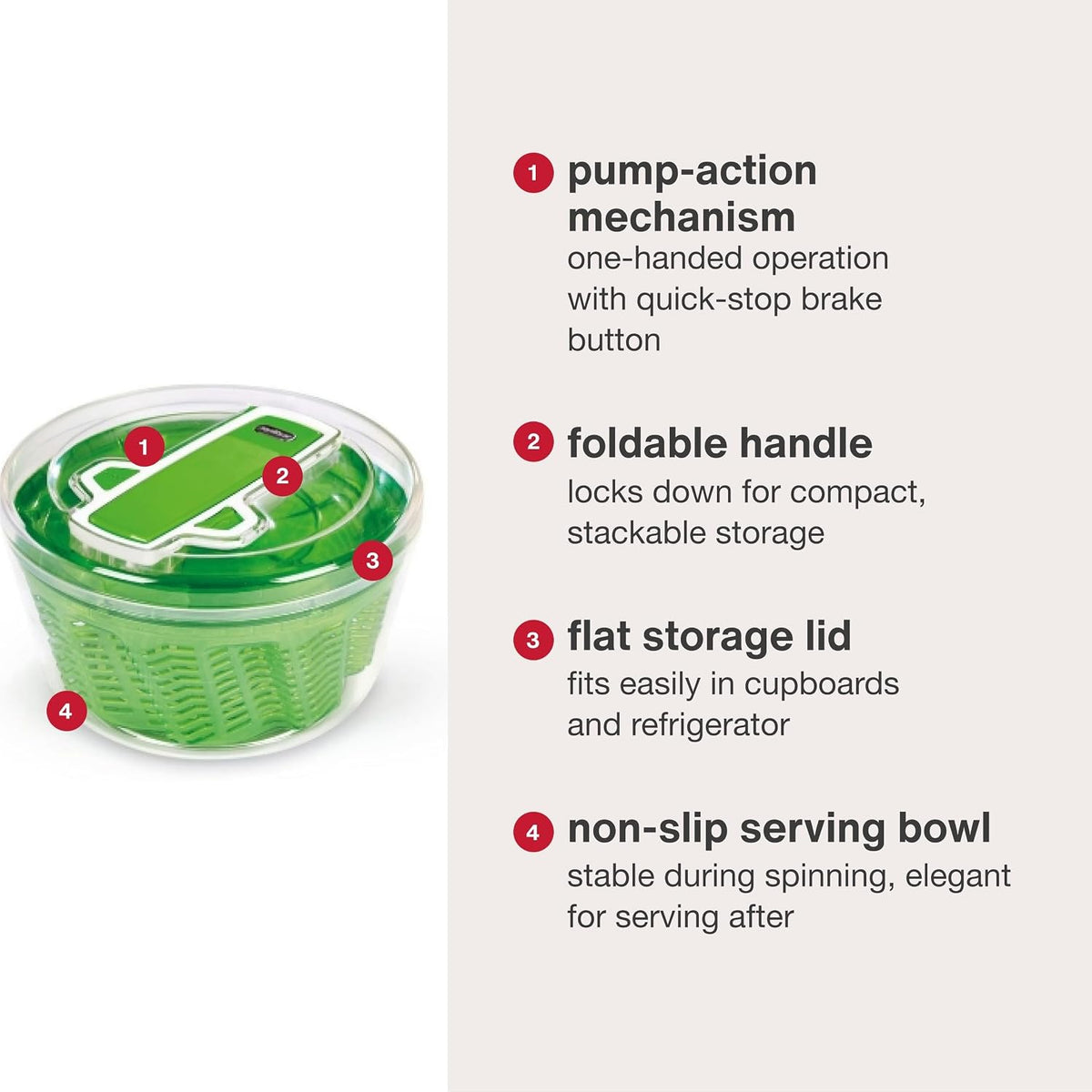 Easy Spin 2 AquaVent Large Salad Spinner - Salad Spinner with Pull Cord - Salad Bowl for 4 to 6 Servings - Manual Vegetable and Fruit Dryer - Vegetable Spinner with Brake - Green, Large