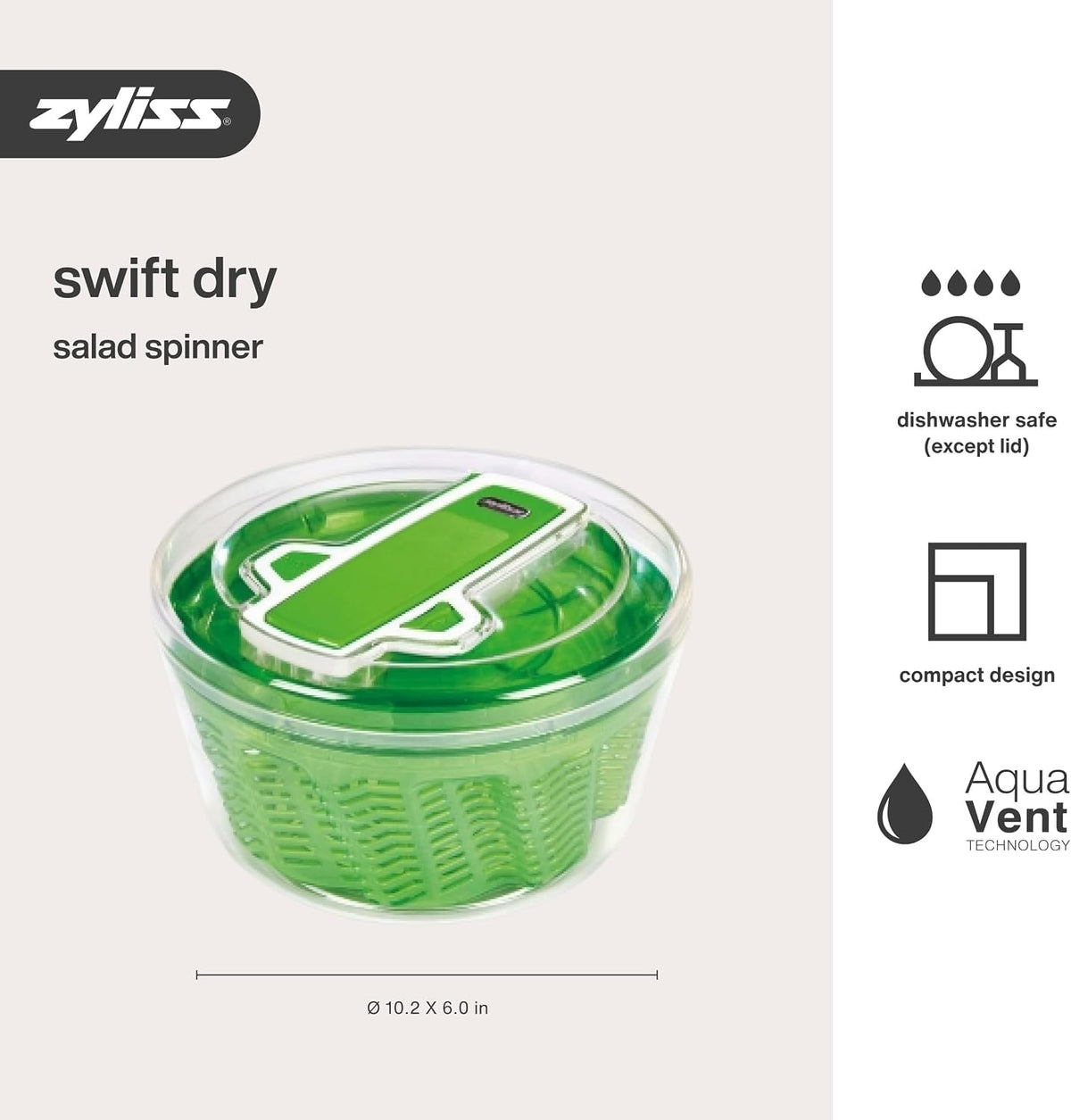 Easy Spin 2 AquaVent Large Salad Spinner - Salad Spinner with Pull Cord - Salad Bowl for 4 to 6 Servings - Manual Vegetable and Fruit Dryer - Vegetable Spinner with Brake - Green, Large