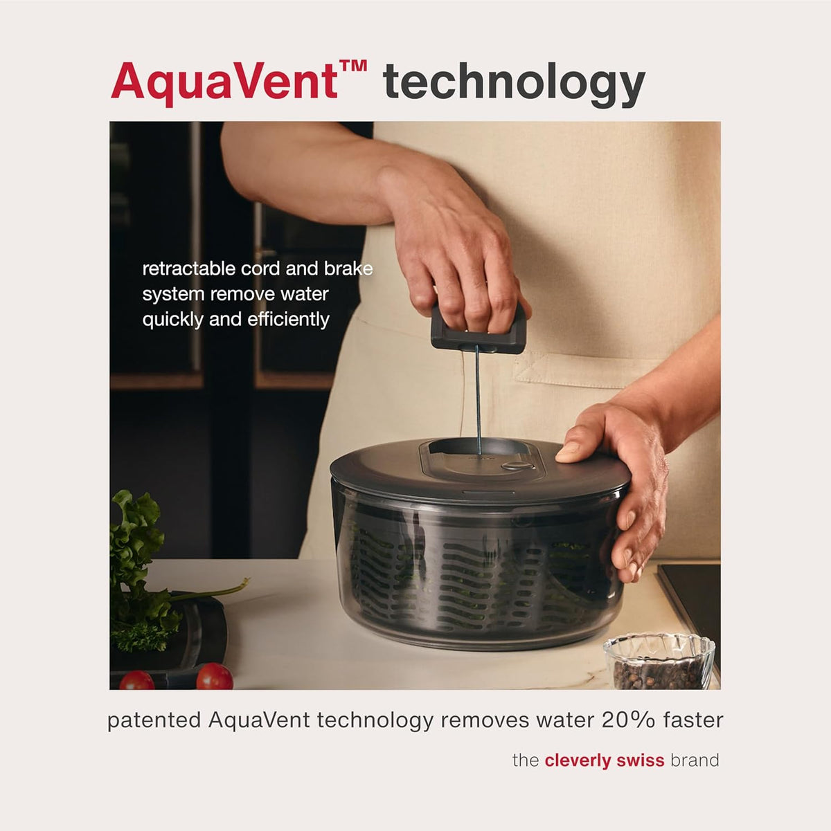 Easy Spin 2 AquaVent Large Salad Spinner - Salad Spinner with Pull Cord - Salad Bowl for 4 to 6 Servings - Manual Vegetable and Fruit Dryer - Vegetable Spinner with Brake - Green, Large