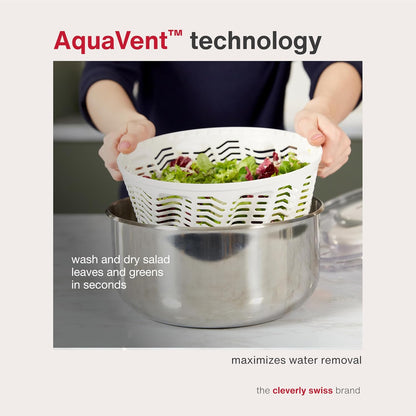 Easy Spin 2 AquaVent Large Salad Spinner - Salad Spinner with Pull Cord - Salad Bowl for 4 to 6 Servings - Manual Vegetable and Fruit Dryer - Vegetable Spinner with Brake - Green, Large