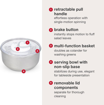 Easy Spin 2 AquaVent Large Salad Spinner - Salad Spinner with Pull Cord - Salad Bowl for 4 to 6 Servings - Manual Vegetable and Fruit Dryer - Vegetable Spinner with Brake - Green, Large