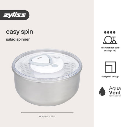 Easy Spin 2 AquaVent Large Salad Spinner - Salad Spinner with Pull Cord - Salad Bowl for 4 to 6 Servings - Manual Vegetable and Fruit Dryer - Vegetable Spinner with Brake - Green, Large