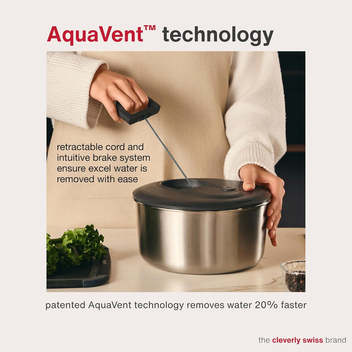 Easy Spin 2 AquaVent Large Salad Spinner - Salad Spinner with Pull Cord - Salad Bowl for 4 to 6 Servings - Manual Vegetable and Fruit Dryer - Vegetable Spinner with Brake - Green, Large