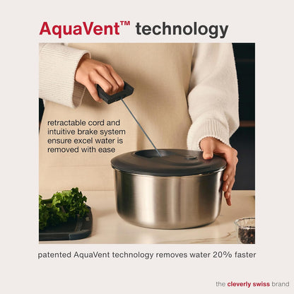 Easy Spin 2 AquaVent Large Salad Spinner - Salad Spinner with Pull Cord - Salad Bowl for 4 to 6 Servings - Manual Vegetable and Fruit Dryer - Vegetable Spinner with Brake - Green, Large