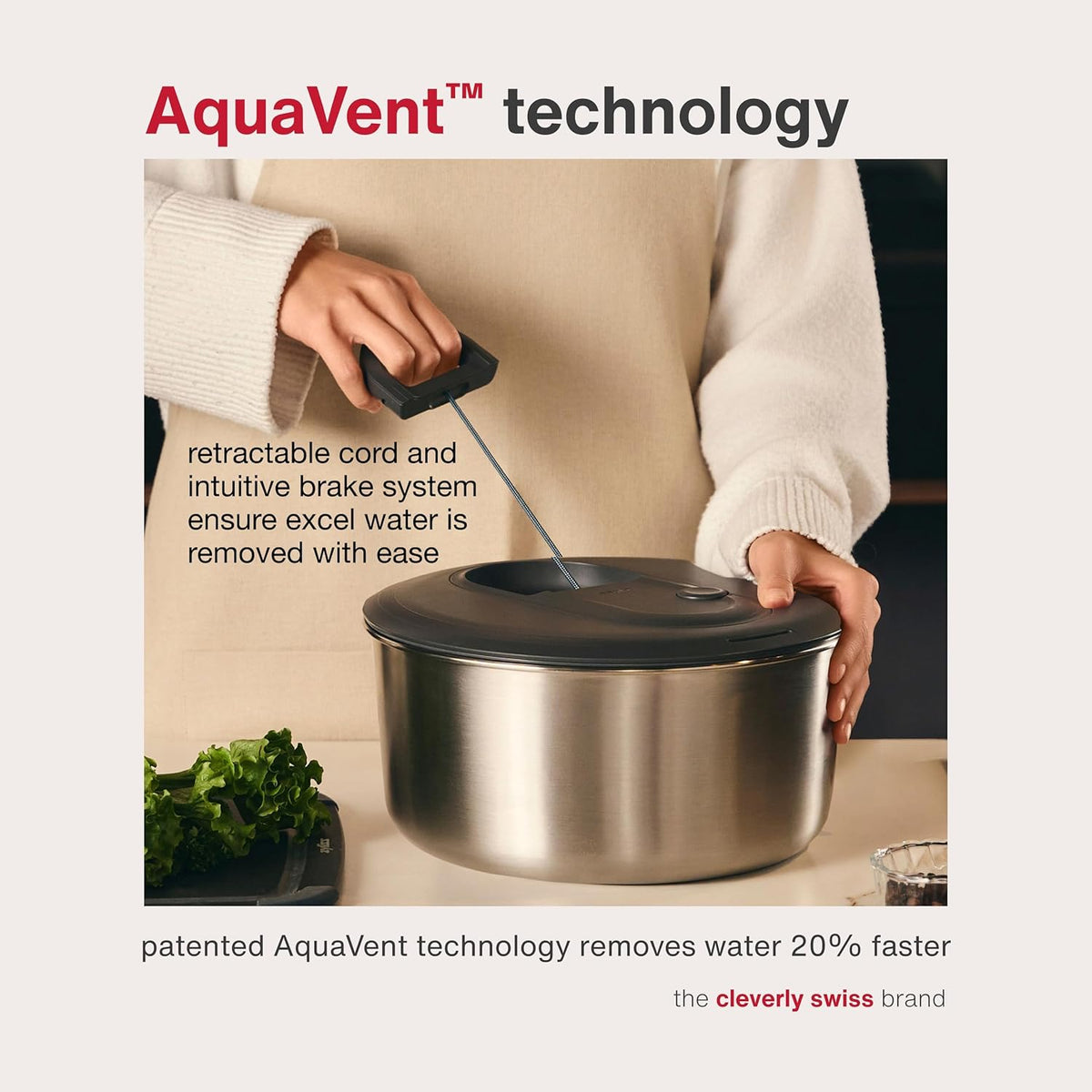 Easy Spin 2 AquaVent Large Salad Spinner - Salad Spinner with Pull Cord - Salad Bowl for 4 to 6 Servings - Manual Vegetable and Fruit Dryer - Vegetable Spinner with Brake - Green, Large