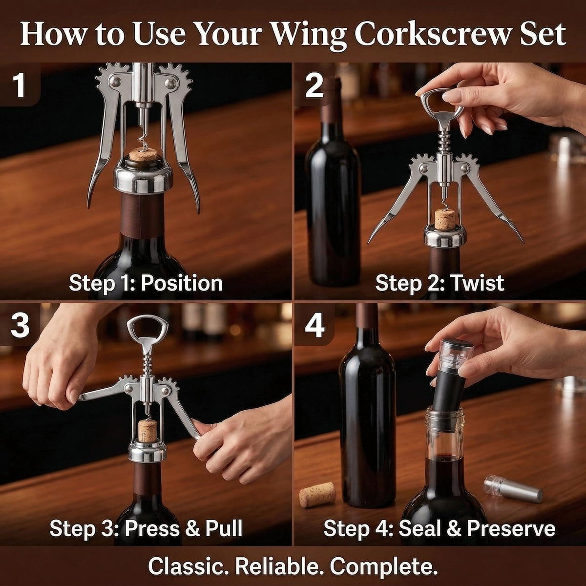 Wing Corkscrew Wine Opener Set, Zinc Alloy Manual with Built-in Cap Opener and 2 Vacuum Stoppers, Stainless Steel, Heavy Duty, 7-Inch