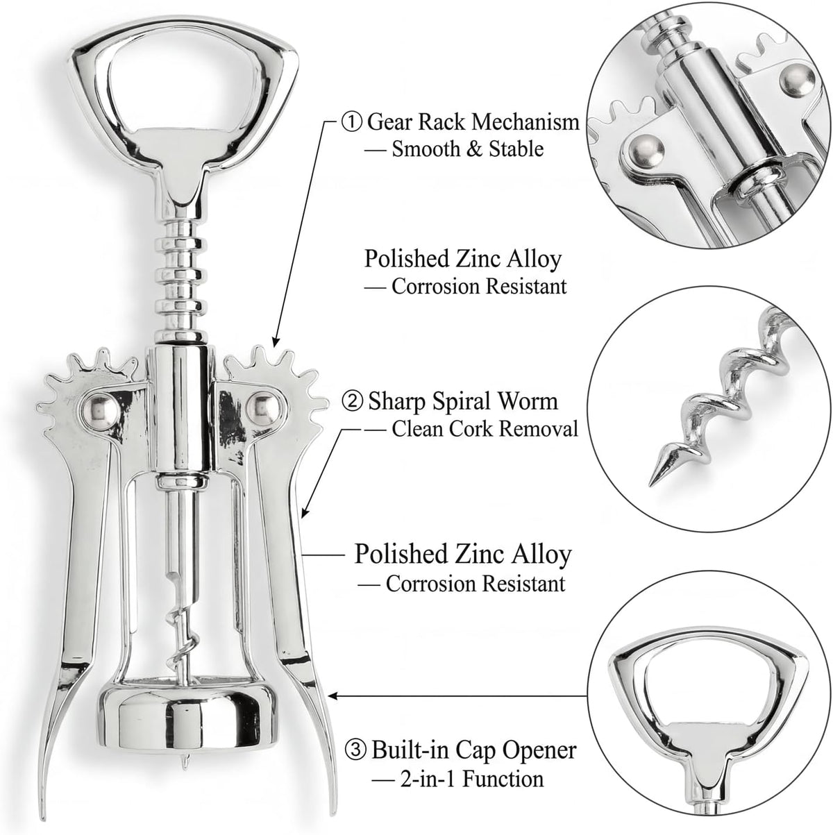 Wing Corkscrew Wine Opener Set, Zinc Alloy Manual with Built-in Cap Opener and 2 Vacuum Stoppers, Stainless Steel, Heavy Duty, 7-Inch