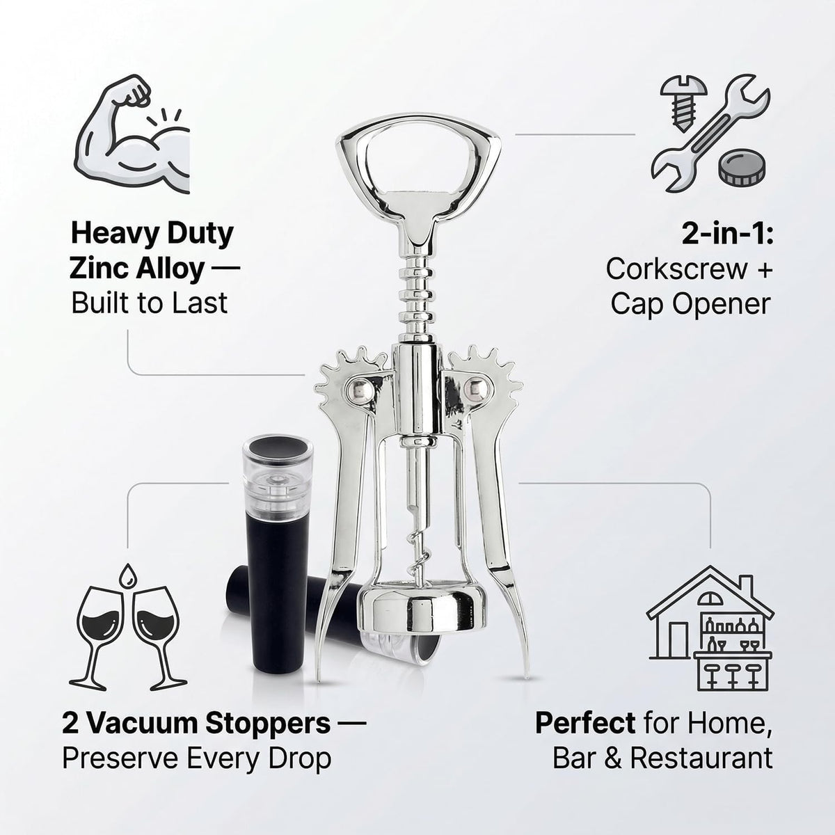 Wing Corkscrew Wine Opener Set, Zinc Alloy Manual with Built-in Cap Opener and 2 Vacuum Stoppers, Stainless Steel, Heavy Duty, 7-Inch