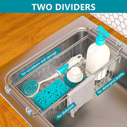 Over the Sink Caddy, Expandable Stainless Steel Sponge Holder for Kitchen Sink, 14.5-22 in Sink Organizer Rack for Sponge, Soap, Brush, Dish Cloth and Rag, Rust-Resistant Drying Holder