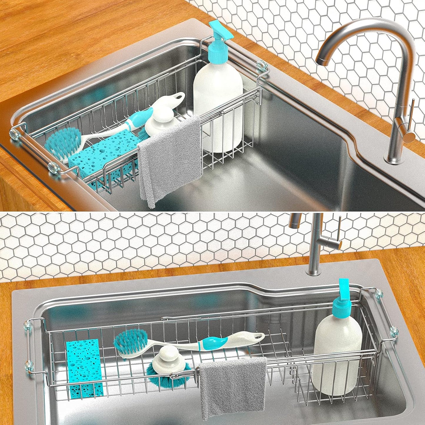 Over the Sink Caddy, Expandable Stainless Steel Sponge Holder for Kitchen Sink, 14.5-22 in Sink Organizer Rack for Sponge, Soap, Brush, Dish Cloth and Rag, Rust-Resistant Drying Holder