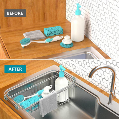 Over the Sink Caddy, Expandable Stainless Steel Sponge Holder for Kitchen Sink, 14.5-22 in Sink Organizer Rack for Sponge, Soap, Brush, Dish Cloth and Rag, Rust-Resistant Drying Holder