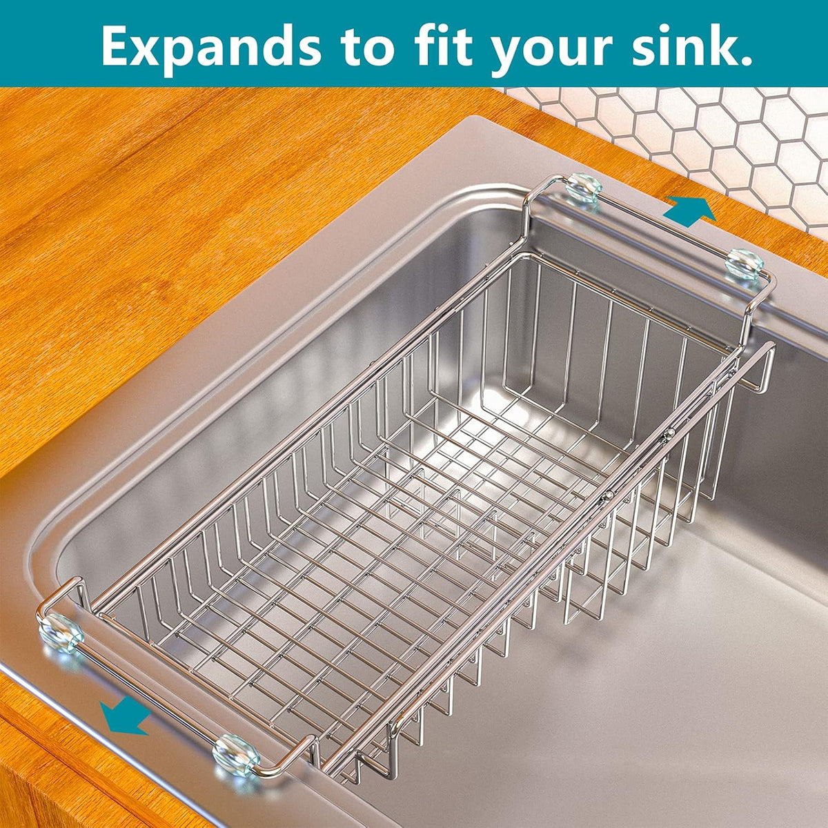 Over the Sink Caddy, Expandable Stainless Steel Sponge Holder for Kitchen Sink, 14.5-22 in Sink Organizer Rack for Sponge, Soap, Brush, Dish Cloth and Rag, Rust-Resistant Drying Holder