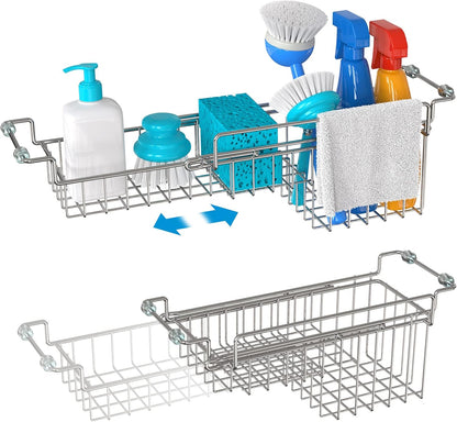 Over the Sink Caddy, Expandable Stainless Steel Sponge Holder for Kitchen Sink, 14.5-22 in Sink Organizer Rack for Sponge, Soap, Brush, Dish Cloth and Rag, Rust-Resistant Drying Holder
