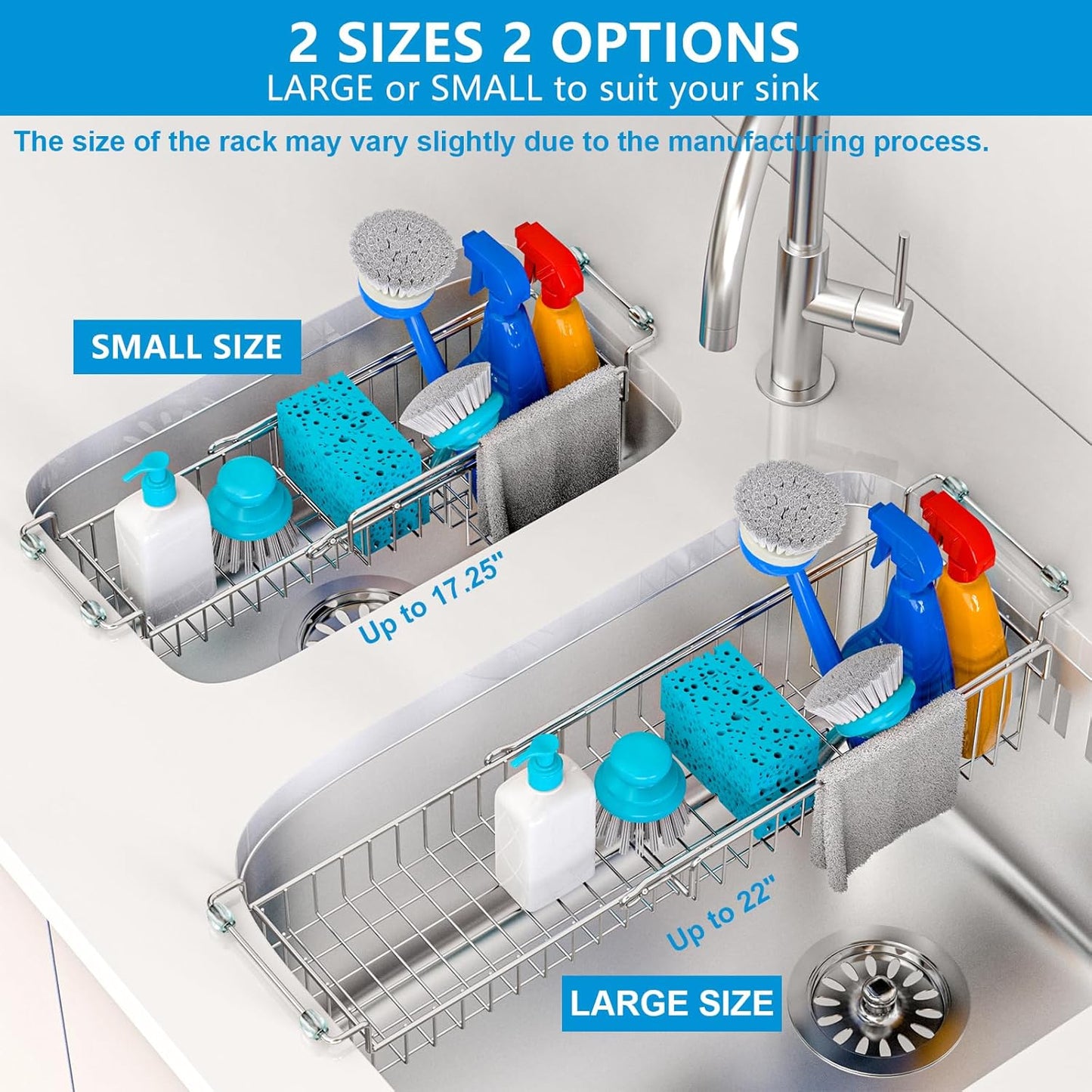 Over the Sink Caddy, Expandable Stainless Steel Sponge Holder for Kitchen Sink, 14.5-22 in Sink Organizer Rack for Sponge, Soap, Brush, Dish Cloth and Rag, Rust-Resistant Drying Holder