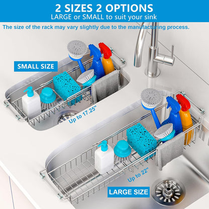 Over the Sink Caddy, Expandable Stainless Steel Sponge Holder for Kitchen Sink, 14.5-22 in Sink Organizer Rack for Sponge, Soap, Brush, Dish Cloth and Rag, Rust-Resistant Drying Holder