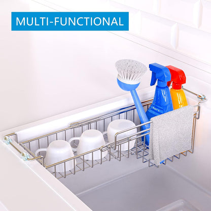 Over the Sink Caddy, Expandable Stainless Steel Sponge Holder for Kitchen Sink, 14.5-22 in Sink Organizer Rack for Sponge, Soap, Brush, Dish Cloth and Rag, Rust-Resistant Drying Holder