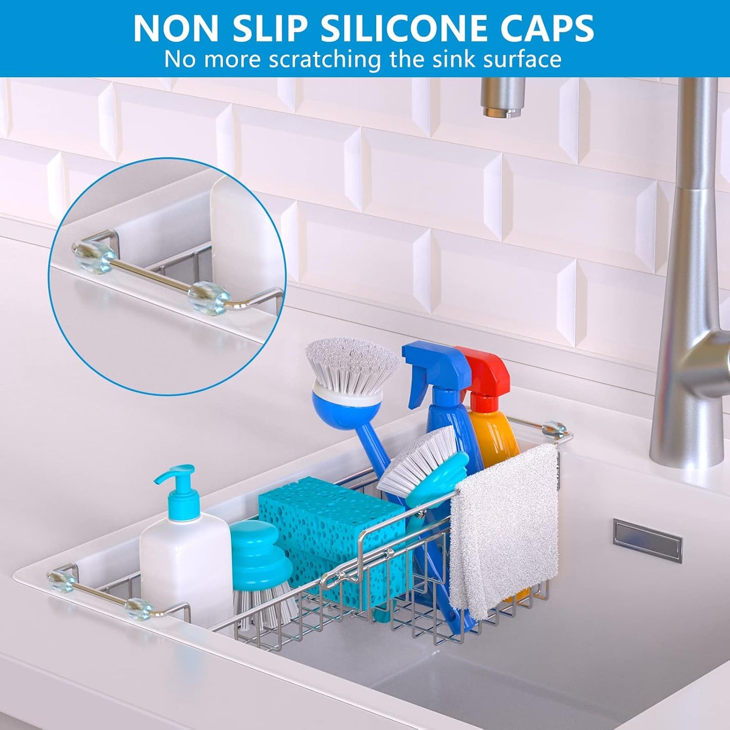 Over the Sink Caddy, Expandable Stainless Steel Sponge Holder for Kitchen Sink, 14.5-22 in Sink Organizer Rack for Sponge, Soap, Brush, Dish Cloth and Rag, Rust-Resistant Drying Holder