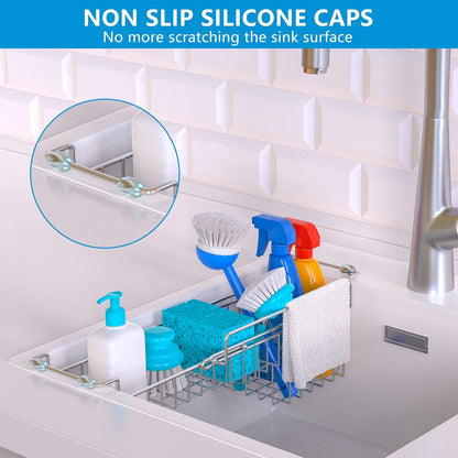 Over the Sink Caddy, Expandable Stainless Steel Sponge Holder for Kitchen Sink, 14.5-22 in Sink Organizer Rack for Sponge, Soap, Brush, Dish Cloth and Rag, Rust-Resistant Drying Holder