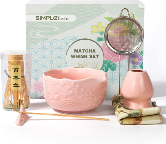 Matcha Whisk Set for Macha Lovers (Pink) | 7 Pcs Ceramic Matcha Kit Includes Bowl, Whisk and Holder, Bamboo Scoop, Scoop Rest, Sifter and Tea Towel