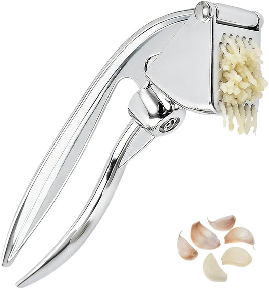 Premium Zinc Alloy Garlic Press, Heavy Duty Rust-Proof Garlic Crusher Mincer with Ergonomic Handle, Dishwasher Safe Easy Squeeze & Clean Kitchen Tool - Silver