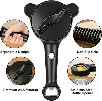 Jar Openers for Seniors, 4-in-1 Can Opener for Weak Hands & Seniors – Ergonomic Non-Slip Handle, Fits 1-3.5 Inch Kitchen Mason Jars, Bottles & Cans (Black)