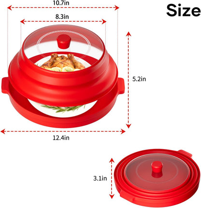2 in 1 Microwave Splatter Cover for Food, Large Plastic & Silicone Collapsible Vented Food Guard Lid, Plate Holder & Kitchen Colander with Anti-scald Base Plate, Red