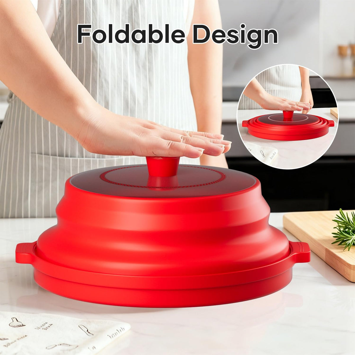 2 in 1 Microwave Splatter Cover for Food, Large Plastic & Silicone Collapsible Vented Food Guard Lid, Plate Holder & Kitchen Colander with Anti-scald Base Plate, Red