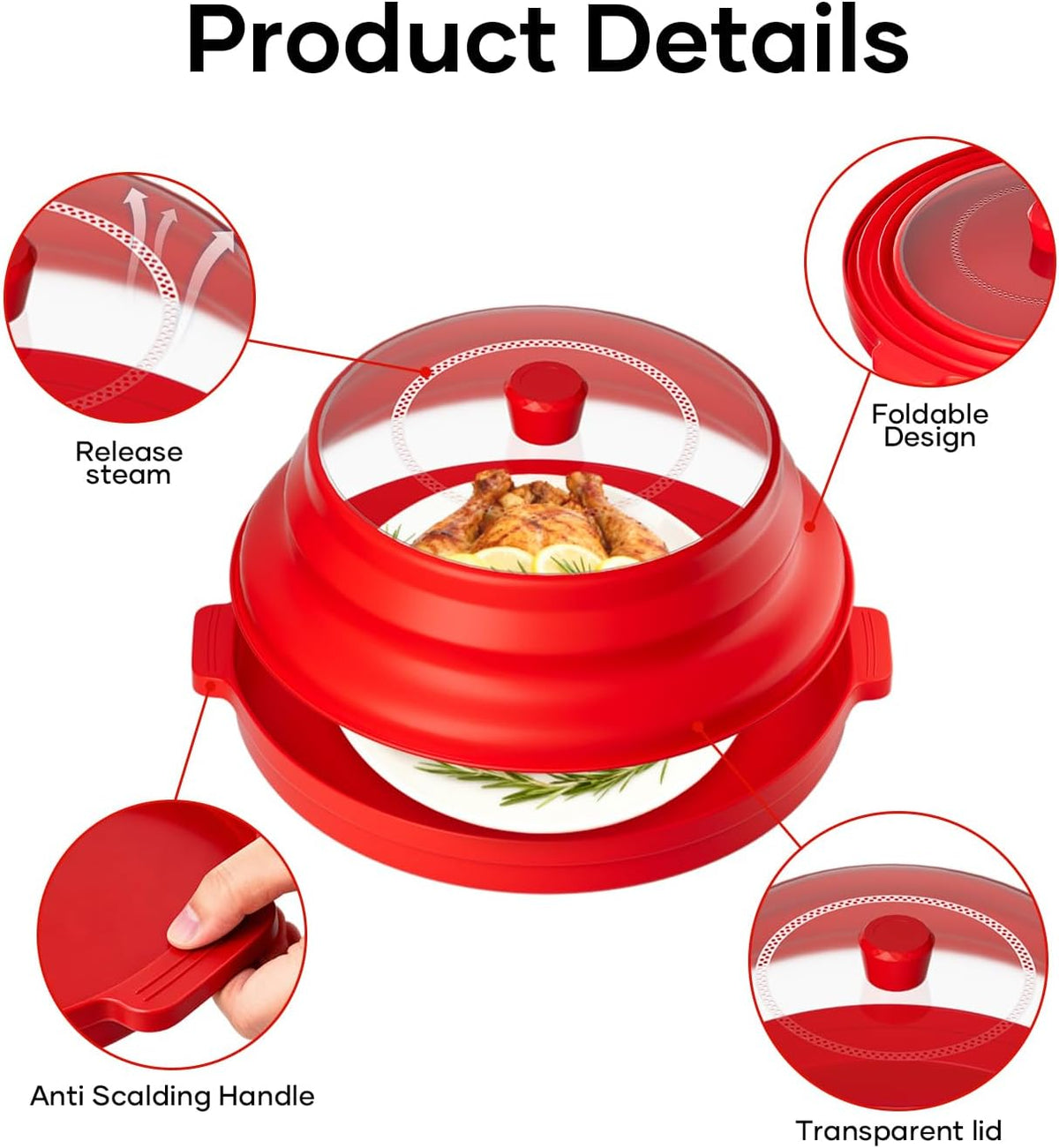 2 in 1 Microwave Splatter Cover for Food, Large Plastic & Silicone Collapsible Vented Food Guard Lid, Plate Holder & Kitchen Colander with Anti-scald Base Plate, Red