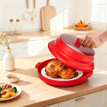 2 in 1 Microwave Splatter Cover for Food, Large Plastic & Silicone Collapsible Vented Food Guard Lid, Plate Holder & Kitchen Colander with Anti-scald Base Plate, Red