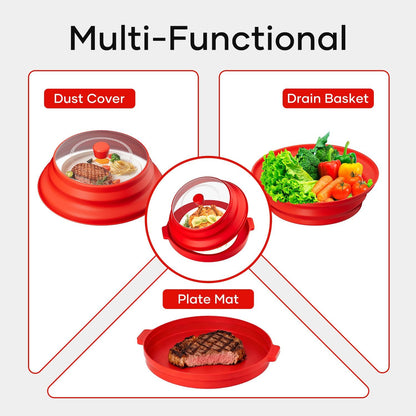 2 in 1 Microwave Splatter Cover for Food, Large Plastic & Silicone Collapsible Vented Food Guard Lid, Plate Holder & Kitchen Colander with Anti-scald Base Plate, Red