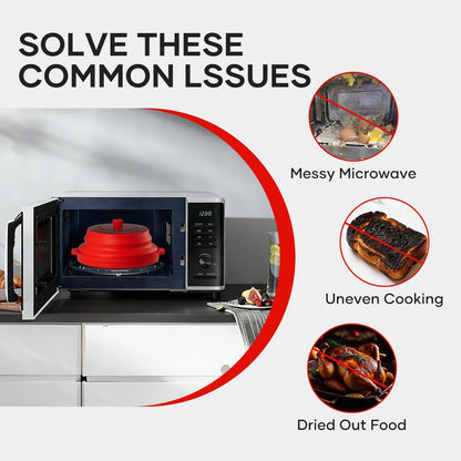 2 in 1 Microwave Splatter Cover for Food, Large Plastic & Silicone Collapsible Vented Food Guard Lid, Plate Holder & Kitchen Colander with Anti-scald Base Plate, Red