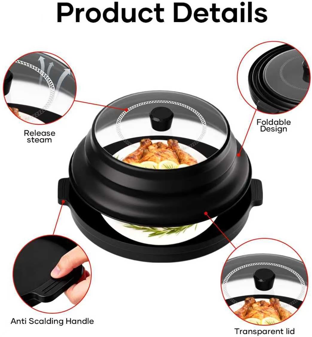 2 in 1 Microwave Splatter Cover for Food, Large Plastic & Silicone Collapsible Vented Food Guard Lid, Plate Holder & Kitchen Colander with Anti-scald Base Plate, Red