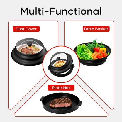 2 in 1 Microwave Splatter Cover for Food, Large Plastic & Silicone Collapsible Vented Food Guard Lid, Plate Holder & Kitchen Colander with Anti-scald Base Plate, Red