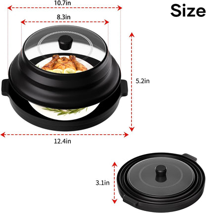 2 in 1 Microwave Splatter Cover for Food, Large Plastic & Silicone Collapsible Vented Food Guard Lid, Plate Holder & Kitchen Colander with Anti-scald Base Plate, Red