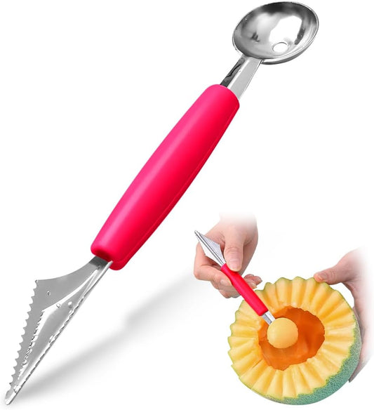 Double Sided Melon Baller Scoop,2 in 1 Stainless Steel Fruit Scooper Seed Remover Cutter,Melon Baller Spoon,Avocado Cutter,Watermelon Carving Knife for Dig Pulp Separator Fruit Slicer (red)
