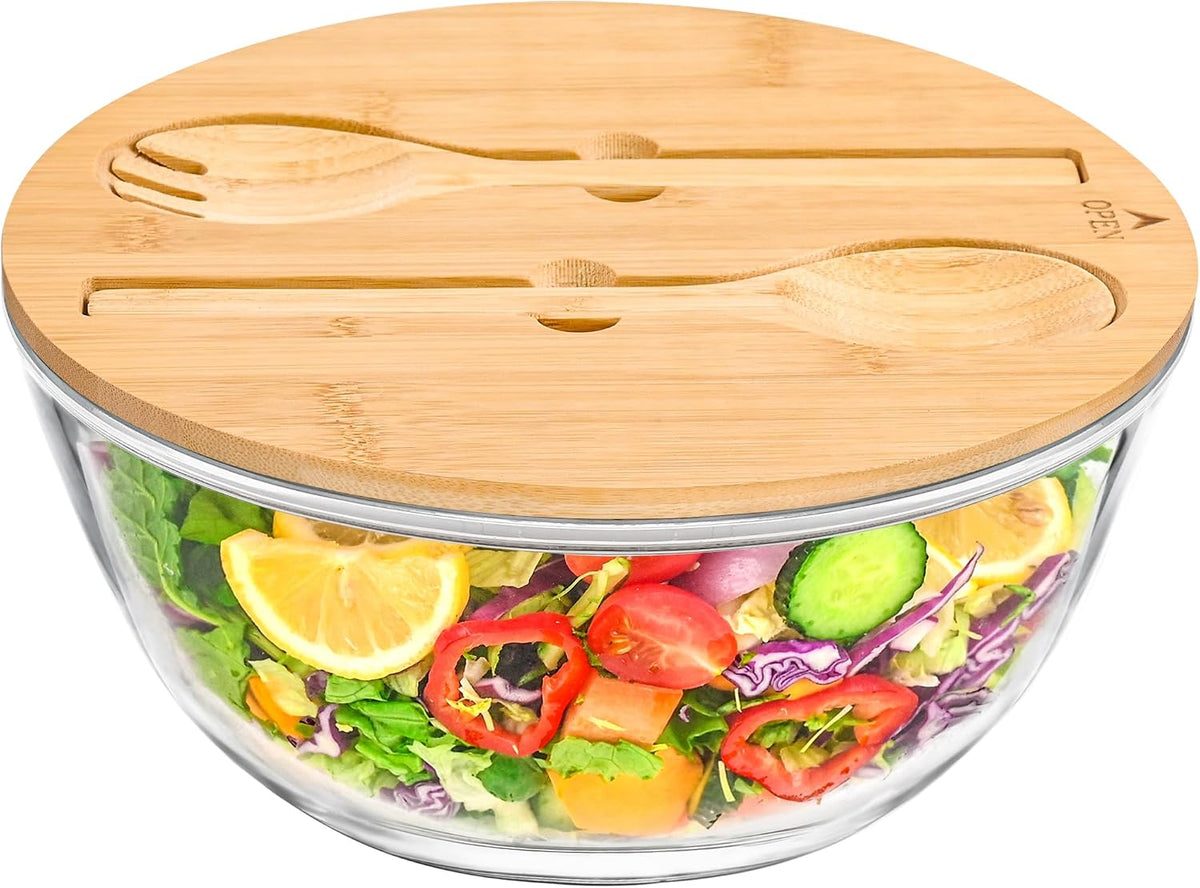 Glass Salad Bowl with Sealing Lid, 10.6Inch Large Trifle Bowl Glass Fruit Bowl, 4.7 Quart Large Capacity Serving Bowls for Salad, Pasta, Fruit, Dessert Display Cake, Microwave Safe