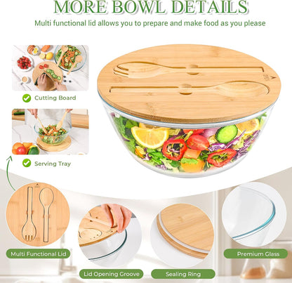Glass Salad Bowl with Sealing Lid, 10.6Inch Large Trifle Bowl Glass Fruit Bowl, 4.7 Quart Large Capacity Serving Bowls for Salad, Pasta, Fruit, Dessert Display Cake, Microwave Safe