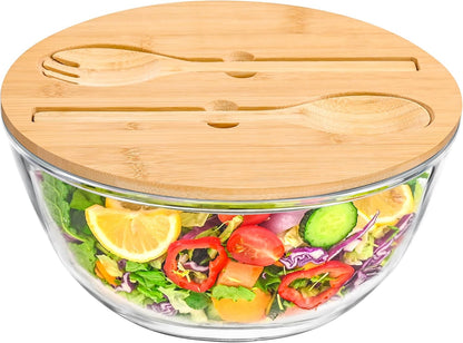 Glass Salad Bowl with Sealing Lid, 10.6Inch Large Trifle Bowl Glass Fruit Bowl, 4.7 Quart Large Capacity Serving Bowls for Salad, Pasta, Fruit, Dessert Display Cake, Microwave Safe